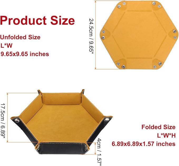 HARFINGTON PU Leather Dice Tray Unisex Valet Tray Folding Hexagon Tray Portable Entryway Table Nightstand Bedside Desk Holder for Key Wallet Watch Coin Jewelry, Yellow - Image 2
