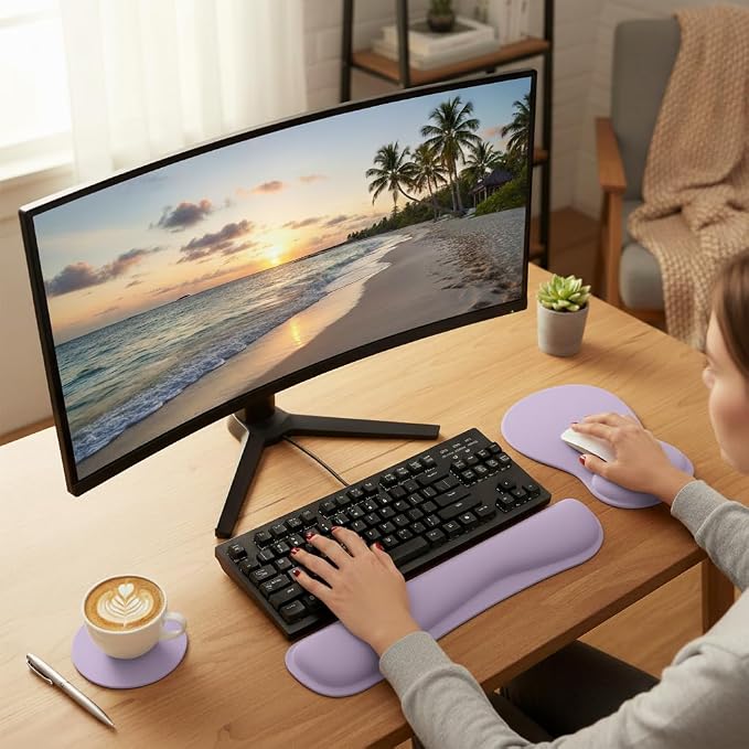 RICHEN Wrist Rest Support for Mouse Pad&Keyboard Set with Coaster,Concave Curved Memory Foam, Non-Slip Base Pain Relief Comfortable Easy Typing Pad for Home/Office (Lavender Purple) - Image 6