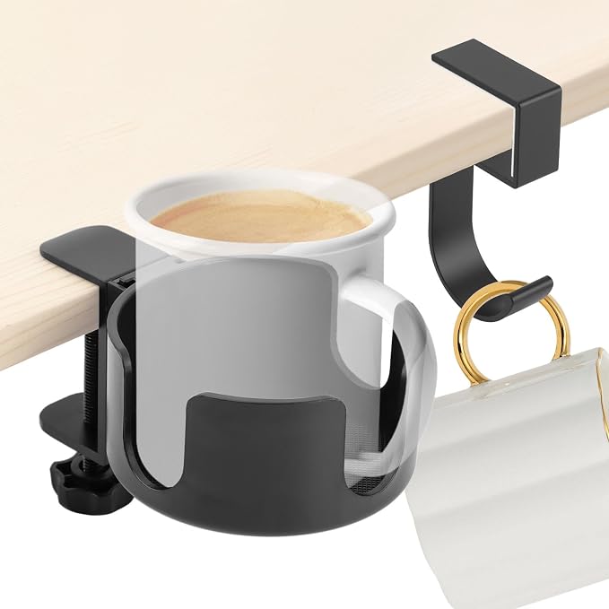 Desk Cup Holder Clamp & Hook, Anti-Spill Cup Holder, Headphone Hook, Adjustable Height, Black Aluminum by Unknown