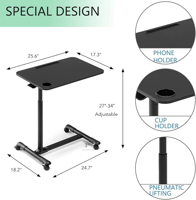 ETHU Overbed Table with Wheels, Height Adjustable 27.1-34.2", Black - Image 3