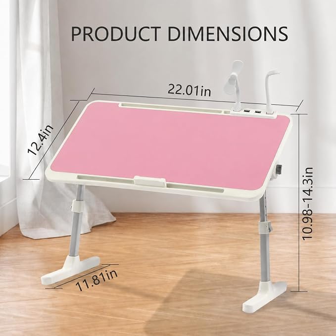 Laptop Desk for Bed, Height & Angle Adjustable Lap Desk with USB Cooling Fan, LED Light and USB Ports, Foldable Portable Laptop Table for Couch, Sofa, Floor, Reading, Writing (Pink) - Image 2