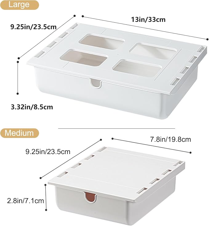 2 Pack Under Desk Drawer, Large & Medium Self-Adhesive Under Desk Organizer, Hidden Under Desk Storage Box Cosmetics Case Stick On Under Table Tray Holder for Cutlery, Office Supplies, Stationery - Image 2