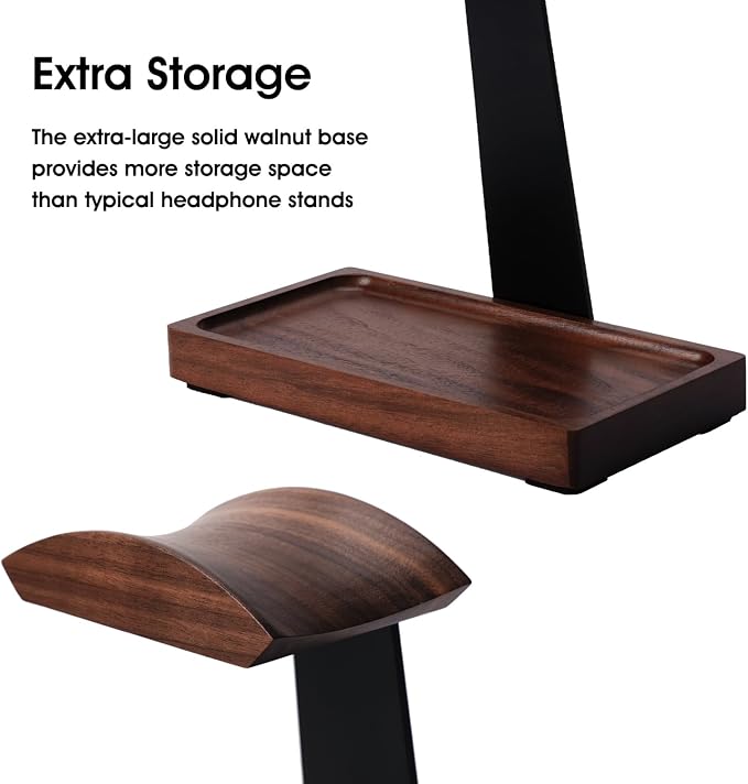 Walnut Headphone Stand, Wood Headset Holder for Desk with Storage | Wooden Gaming Headset Stand for AirPods Max/Bose/Razer/Sennheiser, American Black Walnut & Aluminum, Vintage Gift for Men - Image 4