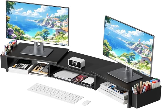AUPSEN Dual Monitor Riser with Pen Holder, Wood Metal Computer Monitor Stand for Desk, Desk Organizers and Accessories for Office Supplies, Laptop, Desktop, TV and More (Black) by AUPSEN