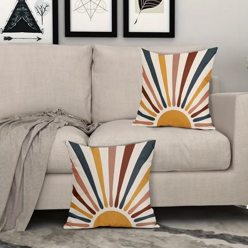 Boho Sunburst Decorative Throw Pillow Cover, Modern Abstract Design with Multicolor Rays in Navy, Mustard, and Terracotta, 2 Pack，18x18 Pillows Linen Pillowcase - Image 2