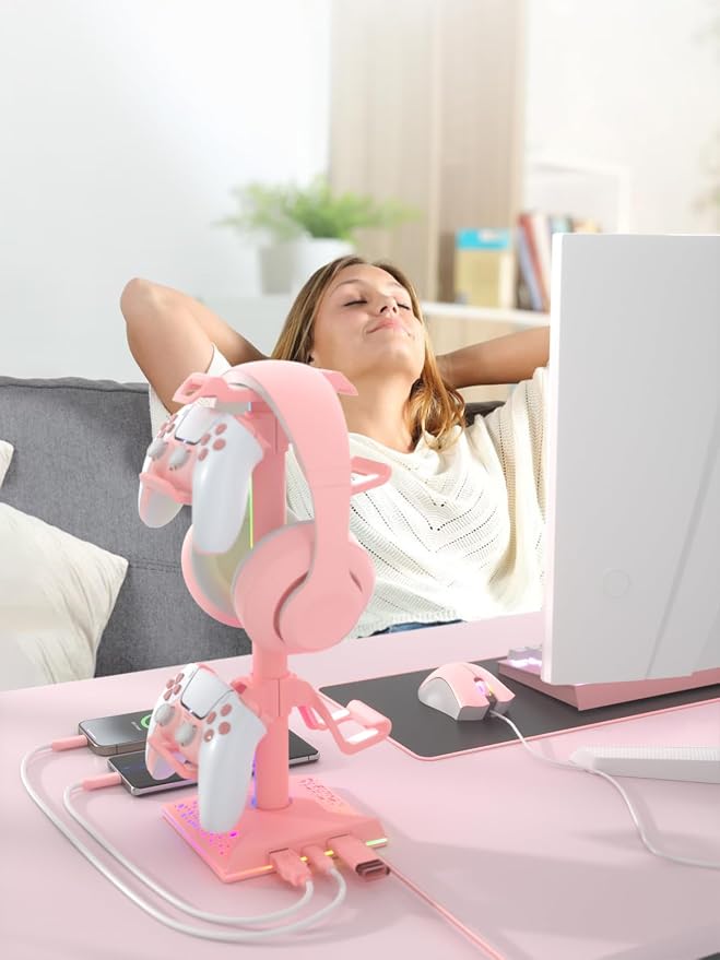 VCOM RGB Gaming Headphones Stand with 2 USB Ports, Pink Headset Stand with 10 Light Modes and Non-Slip Rubber, Suitable for PC Desk Accessories Gamers Gift(Pink) - Image 8