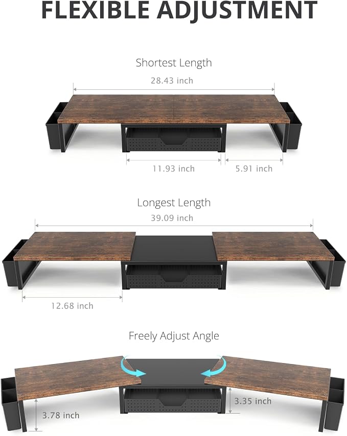 OPNICE Desk Organizers and Accessories, Dual Monitor Stand Riser with Drawer and 2 Pen Holders, Desk Shelf Computer Racks for Office Workspace Organizers, Desktop Organization (Rustic Brown) - Image 7