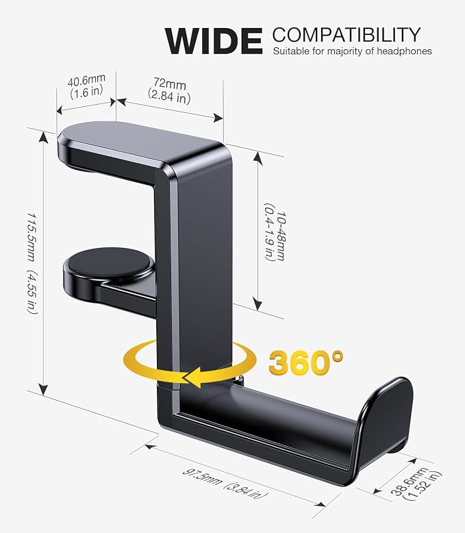 Coolpow Gaming Headphone Stand for Desk【360°Rotating】PC Headset Holder for Desk Hook Mount, Headset Stand Holder Clip Under Desk Headphone Hanger for Airpods Max, HyperX, Sennheiser All Headphone Size - Image 5