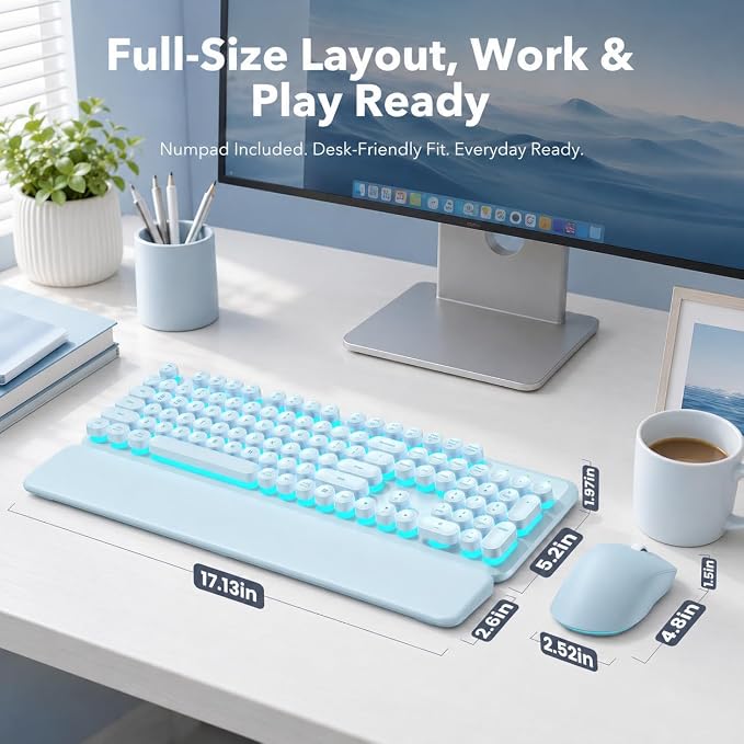 Rechargeable Backlit Wireless Keyboard and Mouse Combo, Retro Round Keycaps, Light Up Letters, Magnetic Wrist Rest, 2.4GHz Cordless for Mac Windows PC Laptop, Glowing Dusty Blue - Image 8