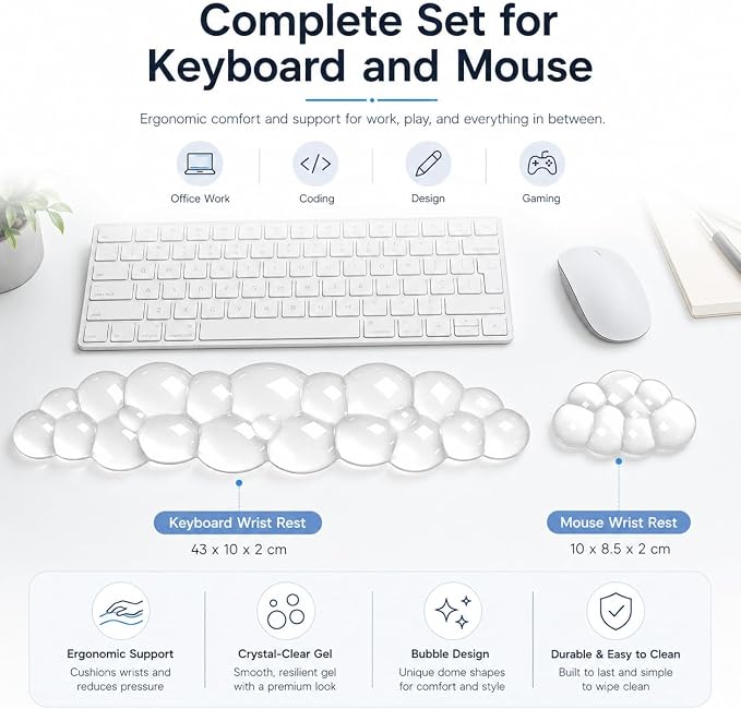 eulps Ergonomic Gel Keyboard Wrist Rest Set, Soft Gel Palm Rest for Keyboard and Mouse, Clear Wrist Support Pad for Typing and Gaming Pain Relief, Non-Slip Base for Computer Laptop (Cloud) - Image 4