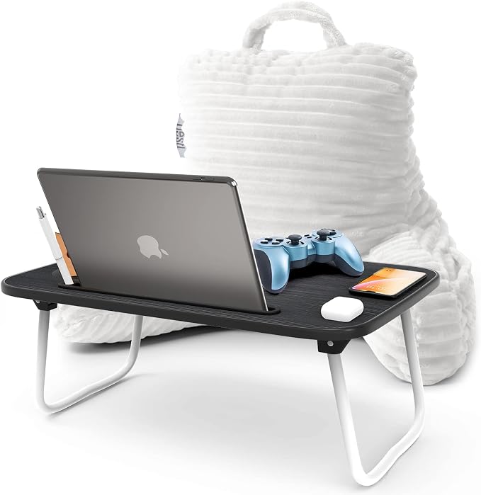 Nestl White Reading Pillow with Bed Desk for Laptop and Writing, Luxe Cut Plush Back Pillow for Sitting Up, Back and Arms Adjustable Support for Kids and Teens, Foldable Lap Desk for Bed 19x11” by Nestl