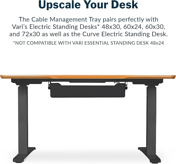Vari Cable Management Tray - Under Desk Cord & Wire Organizer - Ideal for Home Office Sit Stand Desks - Fits Adjustable Electric Standing Desk 48x30, 60x30, 60x24, 72x30 - Easy Assembly (Black) - Image 2