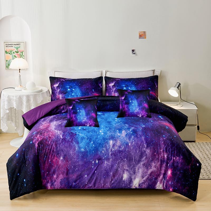 Galaxy Full Bedding Sets,7PCS Galaxy Comforter Sets,Purple Comforter,Girls Bed Sets Full,Bed in a Bag with Flat Sheet and Fitted Sheet,Pillowcases,Cushion Covers for Girls by Helloosuucomforterset