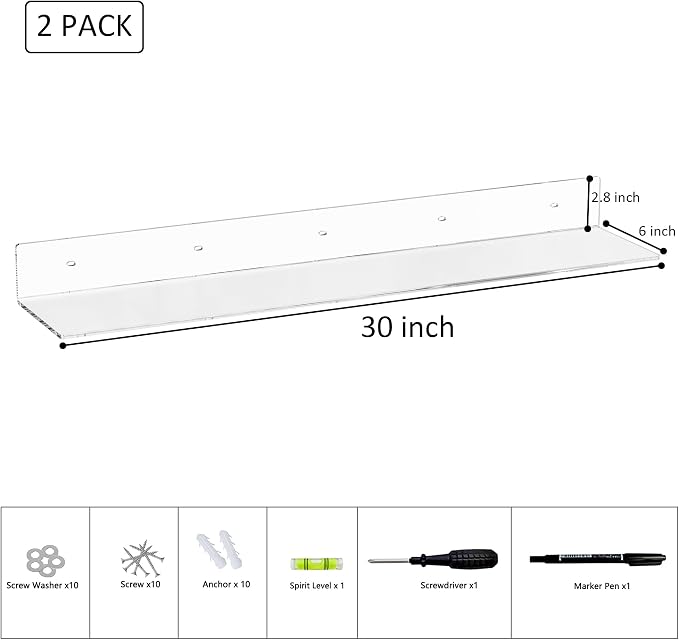 Sezanrpt 30 Inches Acrylic Wall Shelves 2 Pack, Floating Shelf for Wall Mounting, Acrylic Display Ledges for Funko Pop Figures, Home Décor, Living Room, Gaming Room, Plants(30 inch, Clear) - Image 3