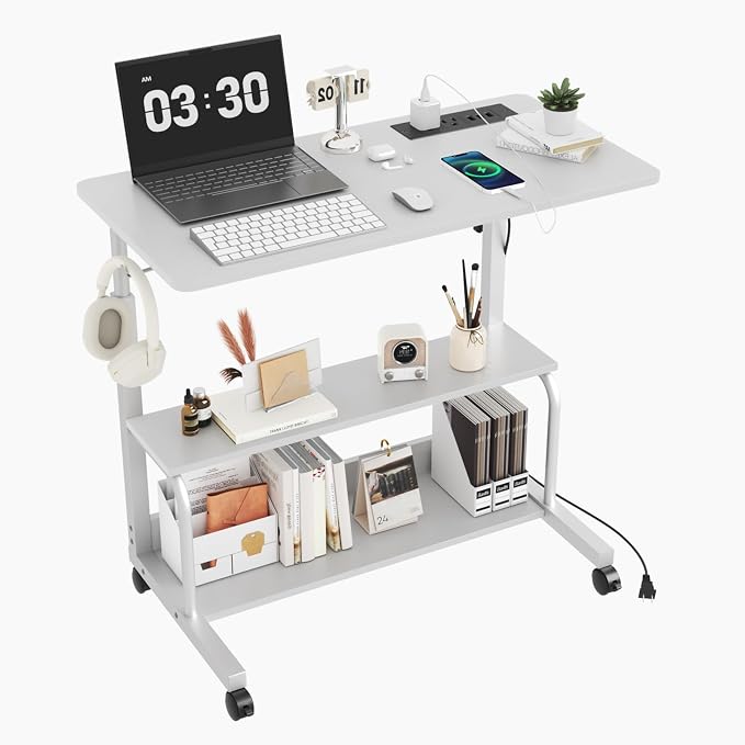 FCH 31.5" Mobile Small Standing Desk, Adjustable Height Mobile Computer Desk, w/2 AC Outlets + 3 USB Ports & Hooks, Storage Shelves, Suitable for Gaming, Studying, Home Office, White by FCH
