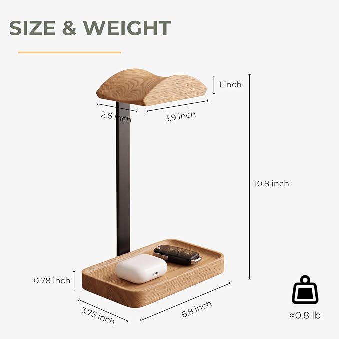 muso wood Oak Headphone Stand, Wood Headset Stand with Storage Base | Desk Holder for Gaming & Office, Compatible with AirPods Max, Bose, Razer Headsets - Image 2