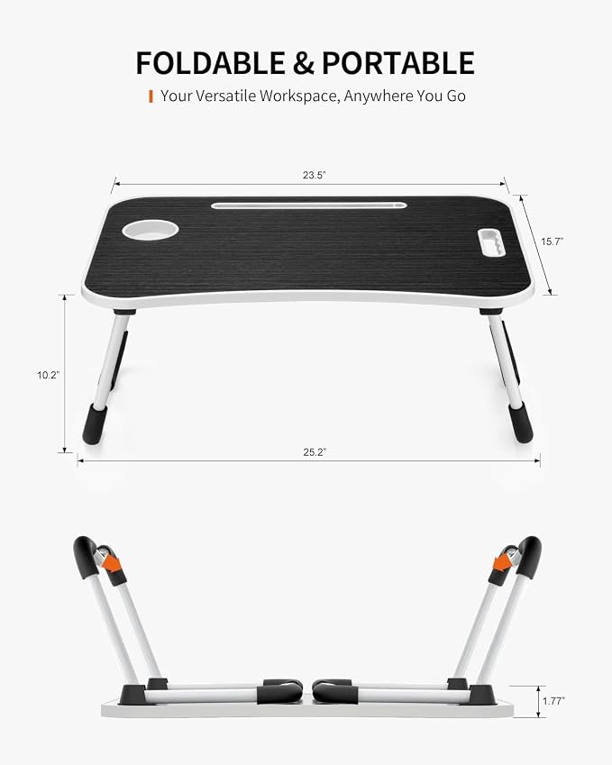 FISYOD Foldable Laptop Table, Portable Lap Desk Bed Table Tray, Laptop Stand with Cup Holder & Tablet Slot & Lifting Handle for Working Writing Drawing & Eating (Black) - Image 6