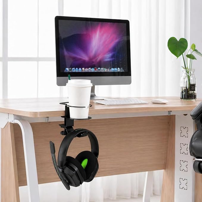 Foldable Aluminum Under Desk Headphone Hanger with Cup Holder, 2-in-1 Clamp-on Headset Stand & Drink Holder, Heavy Duty Gaming Headphone Hook for Office, Home, Gaming Desk - Black - Image 3