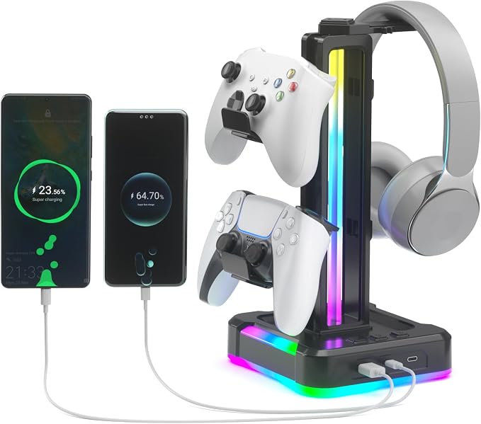 KDD RGB Gaming Headphone and Controller Stand with 2 Type-C and 1 USB Ports | Headset Stand with 9 Light Modes, Headset Holder for Desk, Controller Headphone Holder, For Gift PC Gaming Room Accessories by KDD