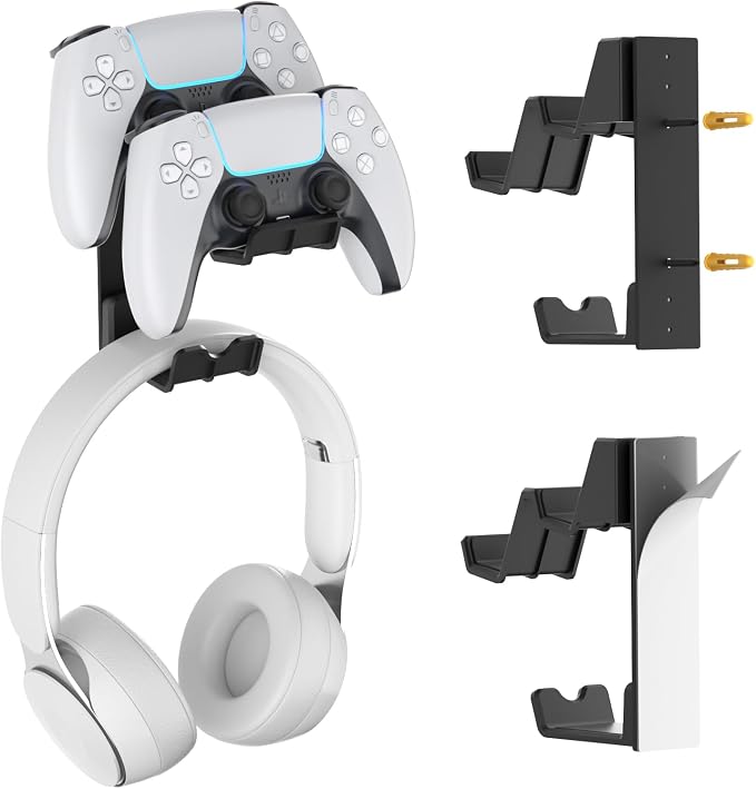 KDD Dual Controller & Headphone Holder Stand Wall Mount - Gaming Headset Hanger with Adhesive or Screws Install for Xbox Series X/S, PS5/4/3, Switch, STEAM, Universal PC Gamepad Accessories by KDD