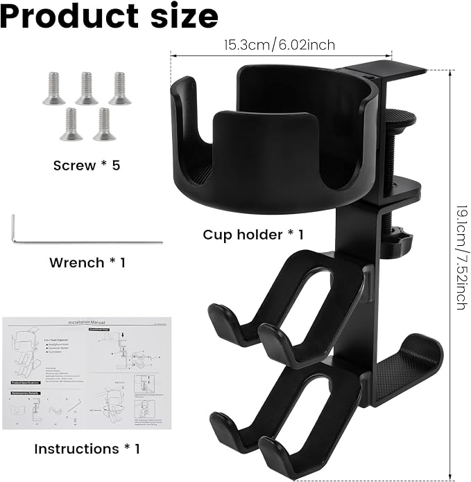 4 in 1 Desk Cup Holder with Headphone Hanger and Controller Stand Gaming Accessories, Under Desk Clamp Rotatable Headset Holder,Adjustable&Rotating Upgraded Arm Clamp,Desk Controller Holder (Black) - Image 2