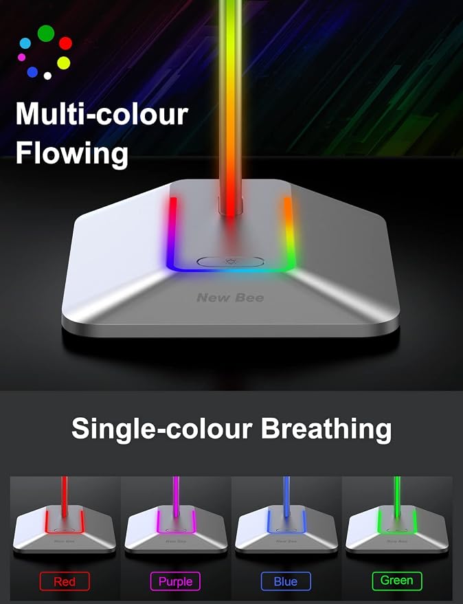 New Bee RGB Headphone Stand with 1 USB-C Charging Port and 1 USB Charging Port, Desk Gaming Headset Stand with 7 Light Modes and Non-Slip Rubber Base Suitable for All Earphone Accessories (Silver) | USB-C & USB Charging Ports, Stable Desktop Earphone S... - Image 2