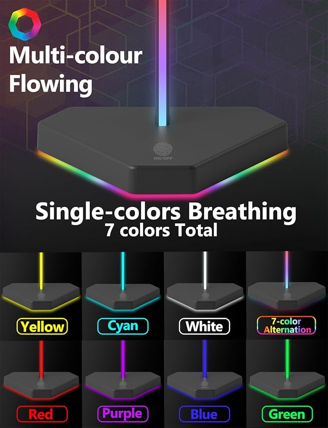 RGB Headphones Stand with 1 USB-C Data Transmission& 3 Type-C Charging Port, Desk Gaming Headset Holder with 7 Light Modes and Non-Slip Rubber Base (Black) - Image 3