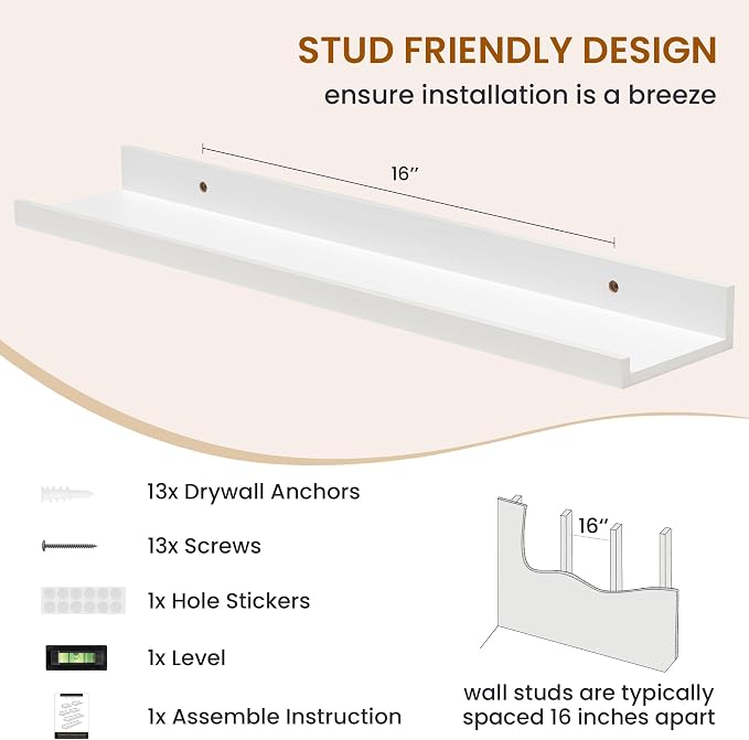 Picture Ledge Shelf, Floating Shelves for Wall Decor, White, Set of 6, 24'' - Image 5