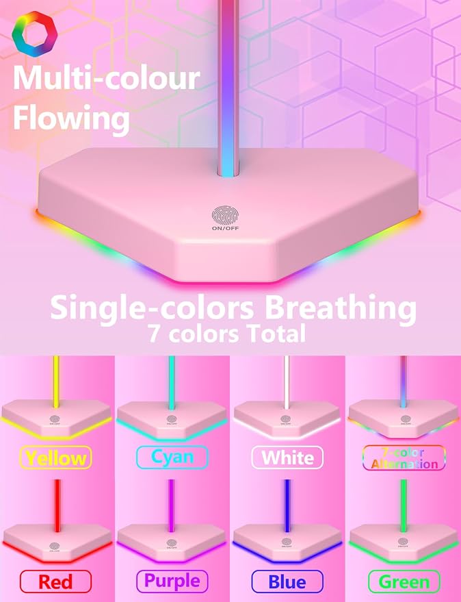 RGB Headphones Stand with 1 USB-C Data Transmission& 3 Type-C Charging Port, Desk Gaming Headset Holder with 7 Light Modes and Non-Slip Rubber Base (Pink) - Image 3