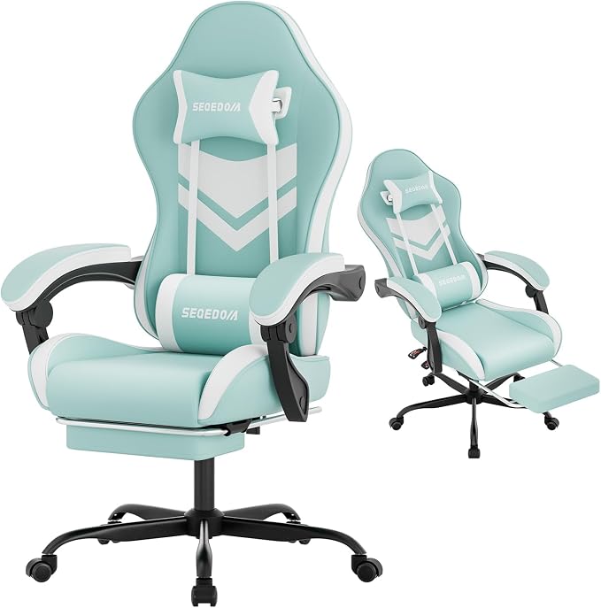 Gaming Chair with Footrest & Massage Lumbar Support, PU Leather Ergonomic High Back Swivel Height Adjustable Chair for Adults, Office Gaming, 300 lbs (Green White) - Image 4