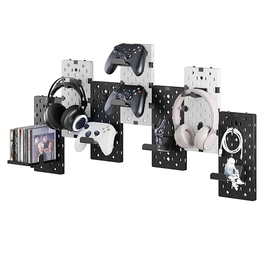 PEGZONE Controller and Headphone Holder Wall Mount, 7pcs, Black & White | Modular Gaming Pegboard with Accessories, Controller Stand, Disc Shelf Organizer by Pegzone