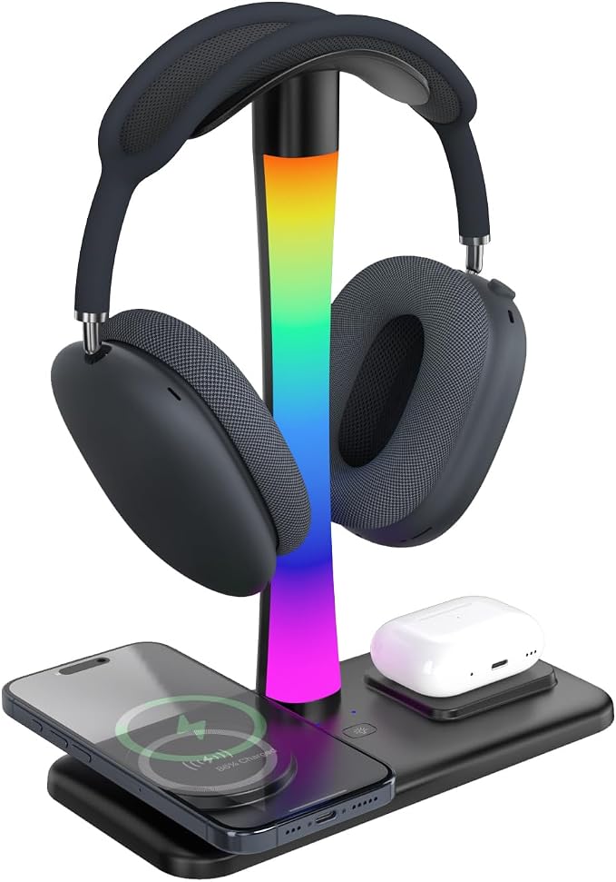 Headphone Stand with Wireless Charger,Gaming Headset stand with RGB Light Mode,For Airpod Max Stand Compatible with Airpod Pro/3/2,For iPhone 17/16/15/14/13/12/11,Gifts for Gamers & Music Lover(Black) - Image 2