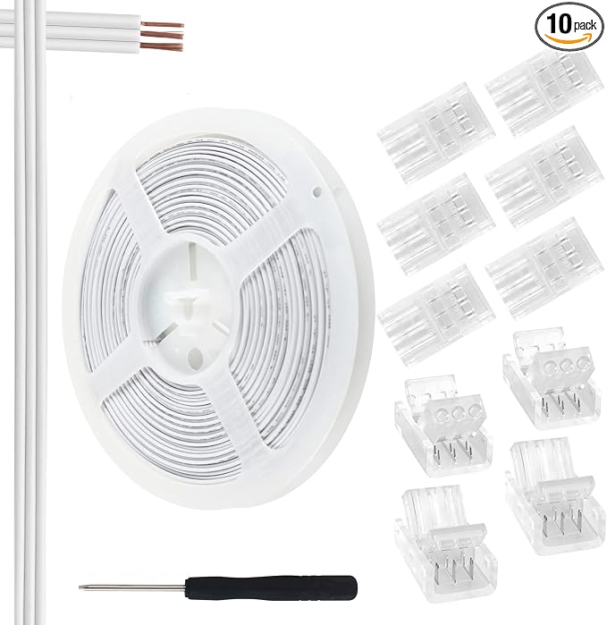 RGBZONE 3 Pin 10mm LED Connector Kit with 32.8ft 3 Pin Extension Cable and 10 Pcs 3 Pin LED Strip to Wire Connectors for 10mm IP20/IP65 SMD 5050 Dream Color LED Strip Light WS2811 WS2812B by RGBZONE