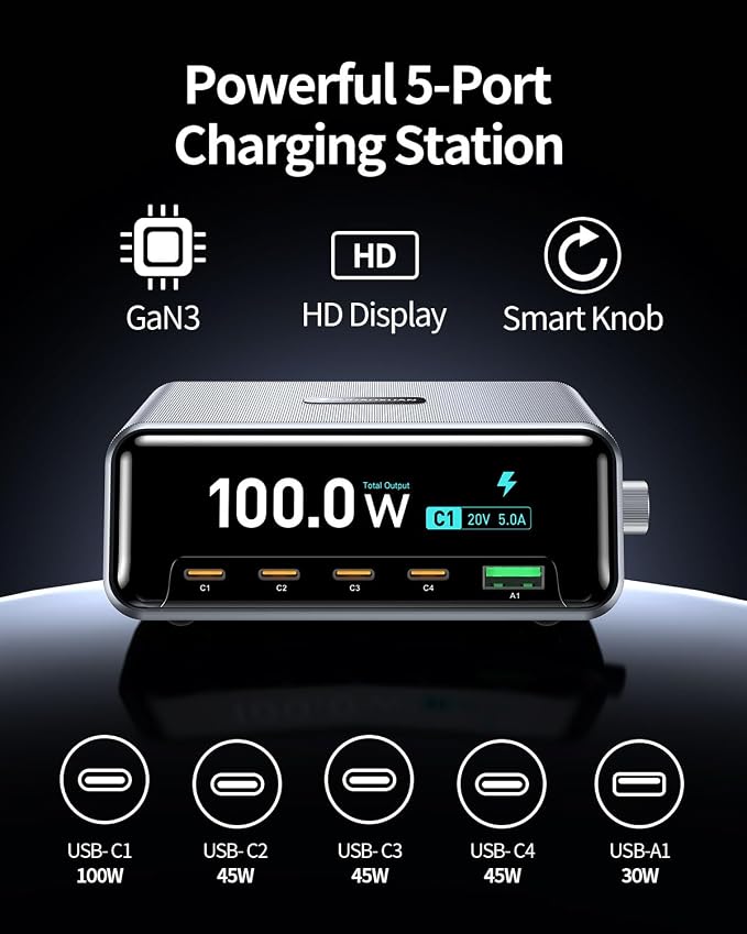 100W 5-Port GaN USB C Charging Station with LCD Smart Display & Control Knob, Desktop Fast Charger for Multiple Devices, Compatible with MacBook, iPhone, iPad, Galaxy, Home Office,Gaming Accessories - Image 2