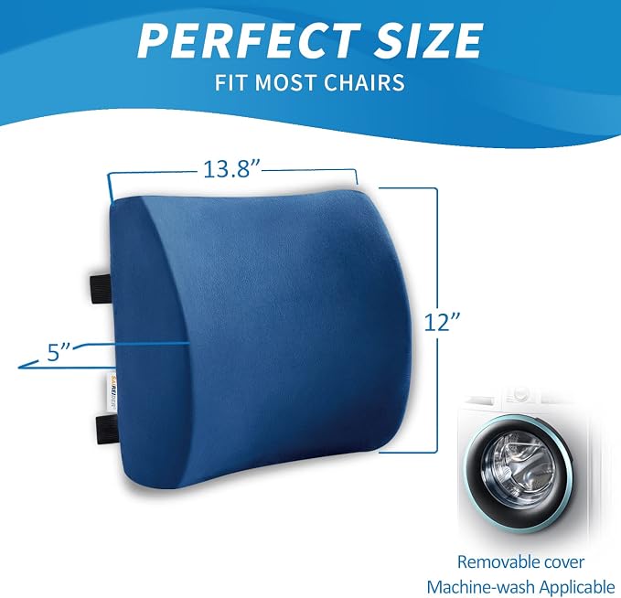 SAIREIDER Office Chair Lumbar Pillow, Memory Foam Back Support Pillows for Car、Gaming Chair、 Home Chair, Fatigue Relief Correct Posture, Double Adjustable Straps(Navy Blue) - Image 6