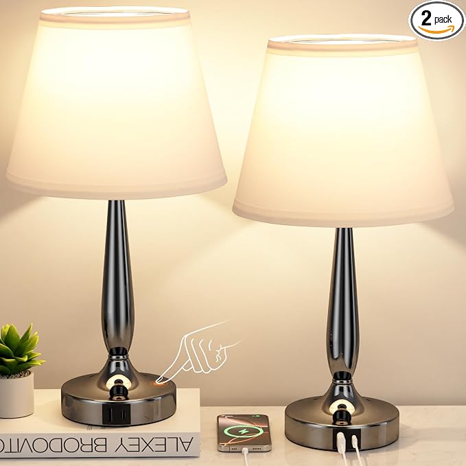 Kakanuo Touch Bedside Lamps for Bedroom Set, Small Touch Table Lamps with 2 USB Charging Ports, 3 Way Dimmable Nightstand Lamps with USB C Port - White (LED Bulb Included) by KakanuoLightings