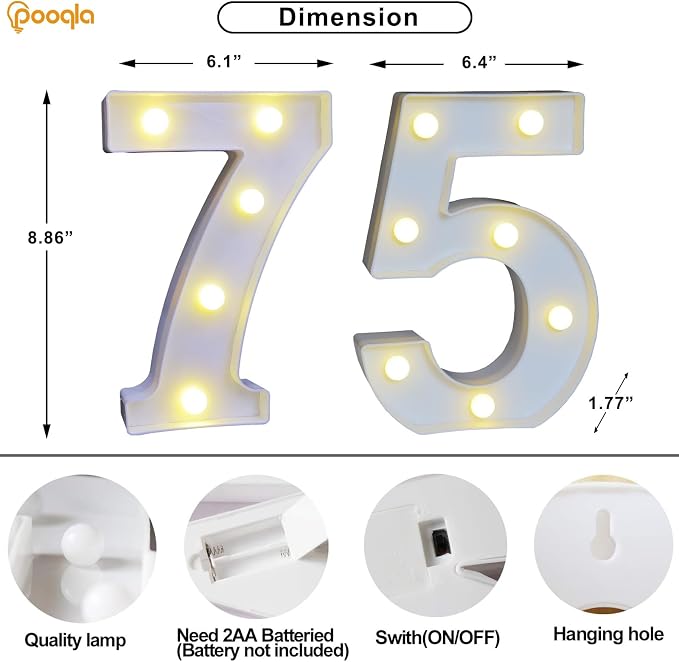 Pooqla 75th Birthday Decorations for Her Him, 35 Colors LED Light Up Numbers with Remote, Multicolor Marquee Numbers 75 Sign for Party Backdrop 75th Birthday Gift, Lighted Number 75 - Image 5