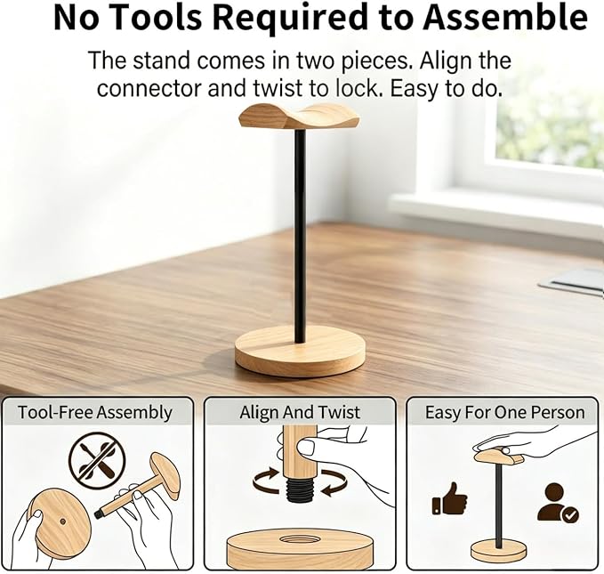 Headphone Stand Nature Wood & Metal Headset Hanger Mount Hook Gaming Holder Desktop Earphone Artful Functional Craftmanship Stand for All Headsets with Solid Wooden Base - Image 7