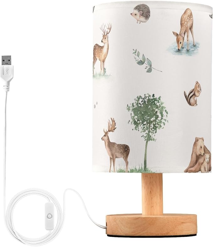 Bedside Table Lamp Woodland Animals Nightstand Lamp with Wood Forest Deer Bear Chipmunk Hedgehog Desk Lamps for Bedroom Living Room Nursery Office Home Decor by Oarencol