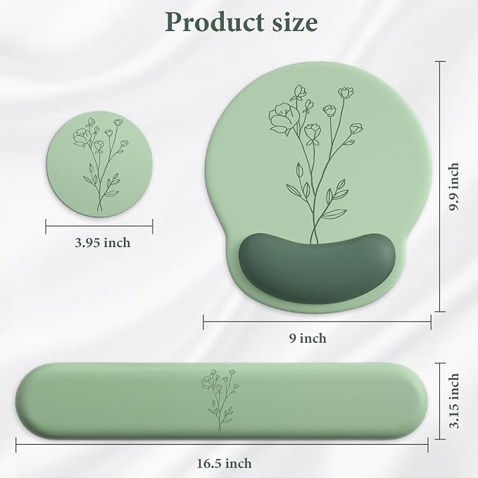 3 in 1 Ergonomic Mouse Pad and Keyboard Wrist Rest with Coaster Set-Green - Image 5