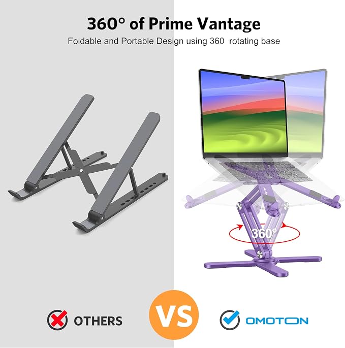 OMOTON LA10 360° Rotating Laptop Stand Riser Foldable for Desk, Purple | Aluminium Aolly, Tool-free Adjustable Height Angles, Collaborative Work, Easy Storage, Fits 11"-17" MacBook Pro/Air, Dell, HP - Image 2