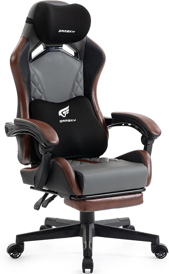 Ergonomic Gaming Chair for Adults with Footrest - PU Leather Computer Gamer Chair with Memory Foam Headrest & Lumbar Pillow, Reclining Silla Gamer Video Game Chair for Home Office, Black & Grey by Gamsky
