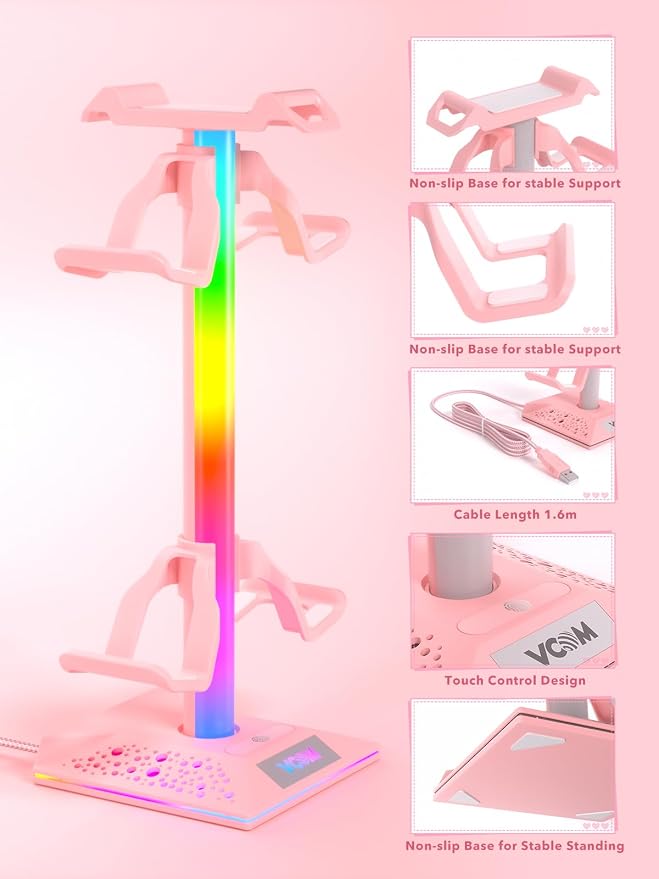 VCOM RGB Gaming Headphones Stand with 2 USB Ports, Pink Headset Stand with 10 Light Modes and Non-Slip Rubber, Suitable for PC Desk Accessories Gamers Gift(Pink) - Image 5
