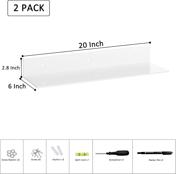 Sezanrpt 20 Inches Acrylic Wall Shelves 2 Pack, Floating Shelf for Wall Mounting, Acrylic Display Ledges for Funko Pop Figures, Home Décor, Living Room, Gaming Room, Plants(20 inch, White) - Image 3