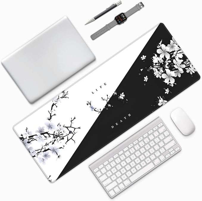 Japanese Life Death Keyboard Mat, Black White Japanese Anime Gaming Mouse Pad for Desk with Anti-Slip Rubber Base and Stitched Edges, Japanese Sakura Pagoda Sun Mouse Pad - Image 9