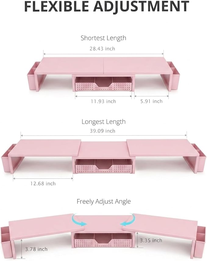 OPNICE Desk Organizers and Accessories, Dual Monitor Stand Riser with Drawer and 2 Pen Holders, Desk Shelf Computer Racks for Office Workspace Organizers, Desktop Organization (Peach-Pink) - Image 3