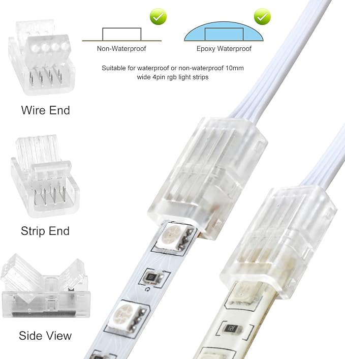 RGBZONE 10Pcs 4 Pin 10mm LED Strip Connectors and 32.8FT 4 Pin RGB Extension Cable Strip to Wire Quick Connection for 10mm Wide Waterproof or Non-Waterproof SMD RGB 5050 LED Strip Light(IP20/IP65) - Image 3