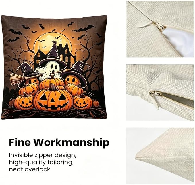 Halloween Throw Pillow Covers, Linen, 18x18 Inch, Set of 2, Ghost Pumpkin and Bat Design, Machine Washable - Image 3