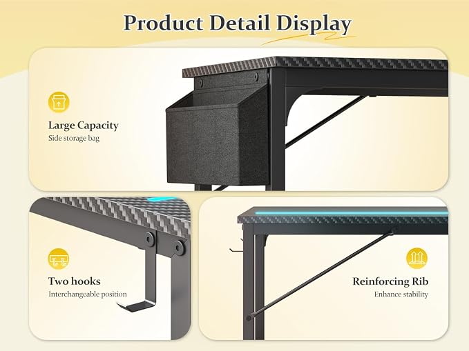 DurayLoly 48" Gaming Desk with Waterproof LED Lights for Bedroom,Black - Image 9
