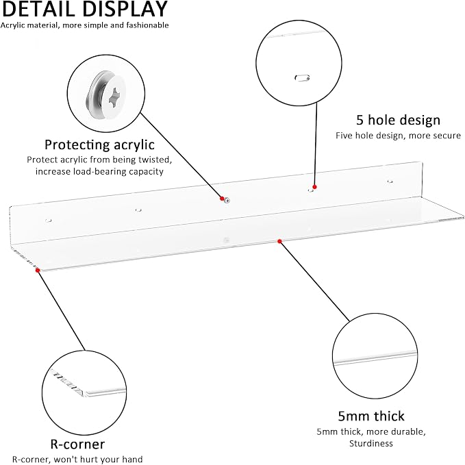 Sezanrpt 30 Inches Acrylic Wall Shelves 2 Pack, Floating Shelf for Wall Mounting, Acrylic Display Ledges for Funko Pop Figures, Home Décor, Living Room, Gaming Room, Plants(30 inch, Clear) - Image 4